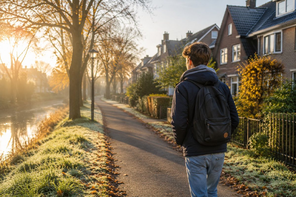 Jongere wandelt met rugzak over een rustig pad