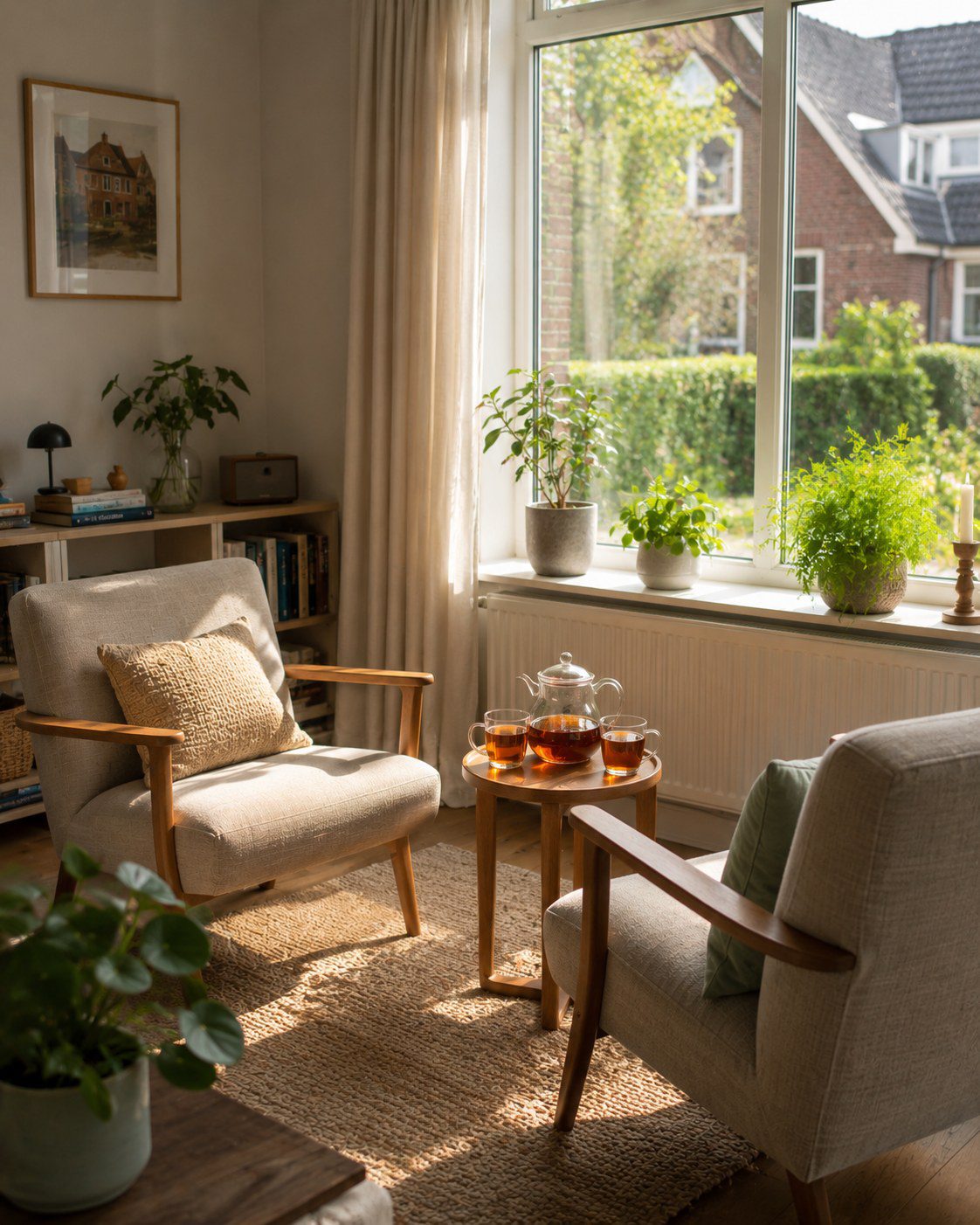 Zonnige woonkamerhoek met twee stoelen tegenover elkaar bij het raam